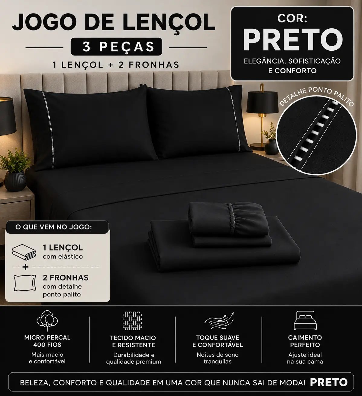 Jogo de lençol Nuvéa Comfort na cor Preto