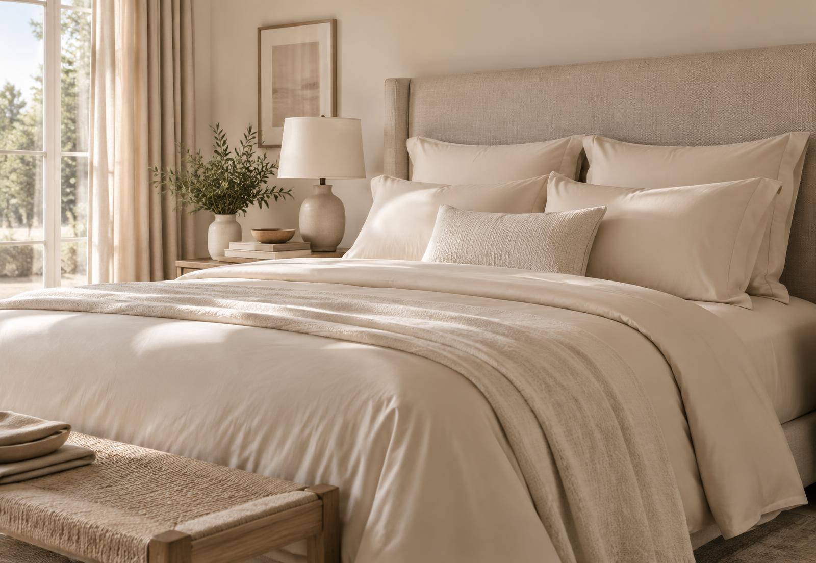 Cama arrumada com jogo de lençol Nuvéa Comfort em tom bege